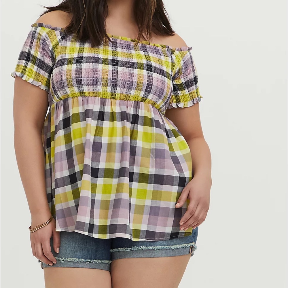 Torrid 4 Smocked Off Shoulder Babydoll Peplum Plaid Top